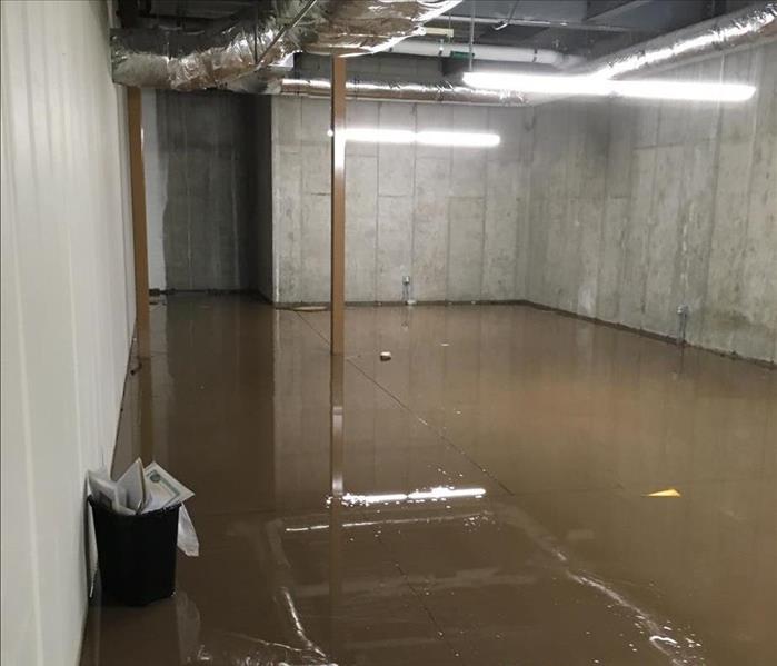 Standing water covers the entire area of a basement room.