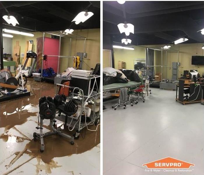 before and after of a category 3 water loss in a gym. 