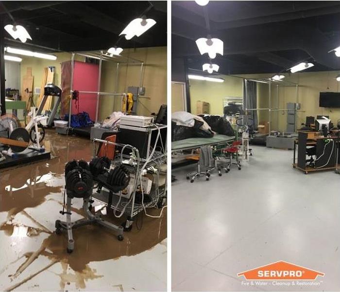 Before and after of a category 3 water loss in a gym.